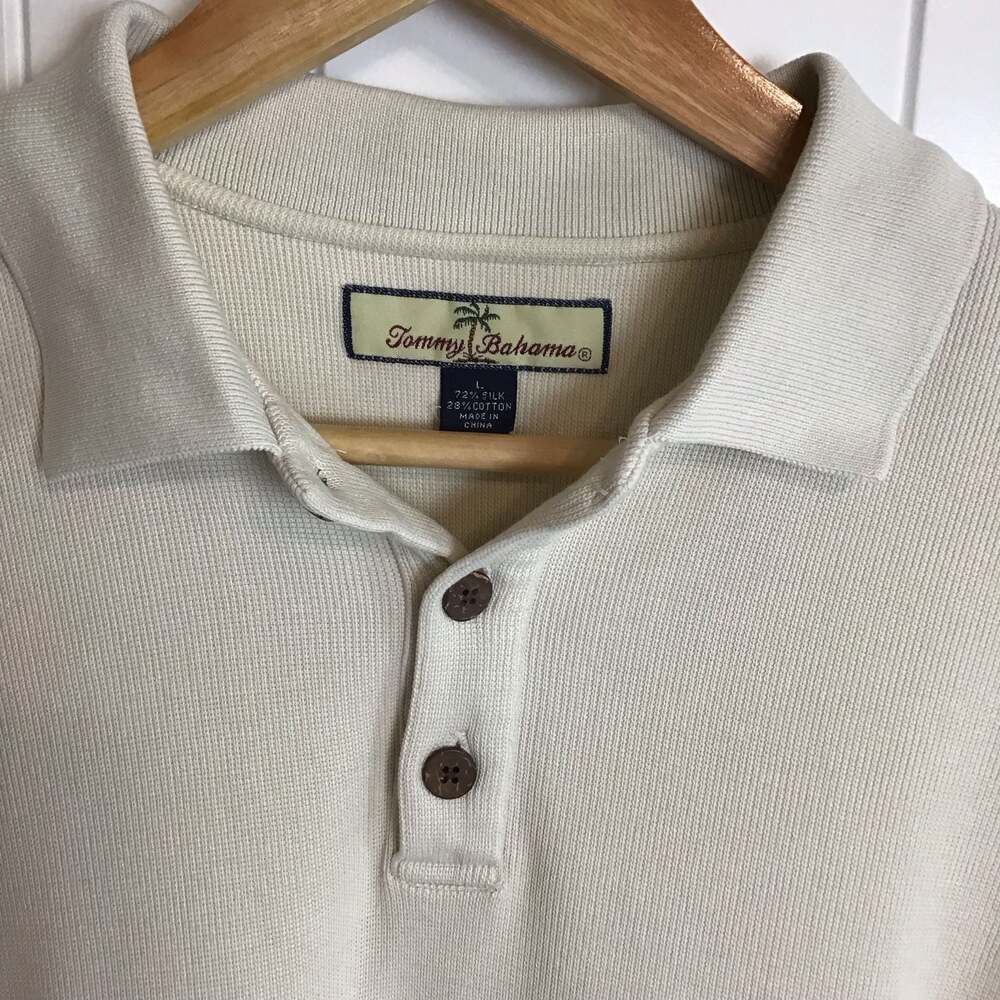 Tommy Bahama Men's Silk-Cotton Blend Ribbed Knit Polo Shirt Beige Large - Picture 3 of 10